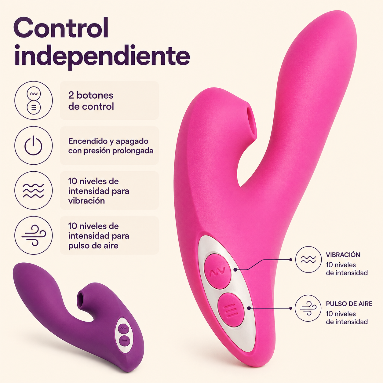 Estimulador curvo de doble zona con succión y vibración: detalle del producto