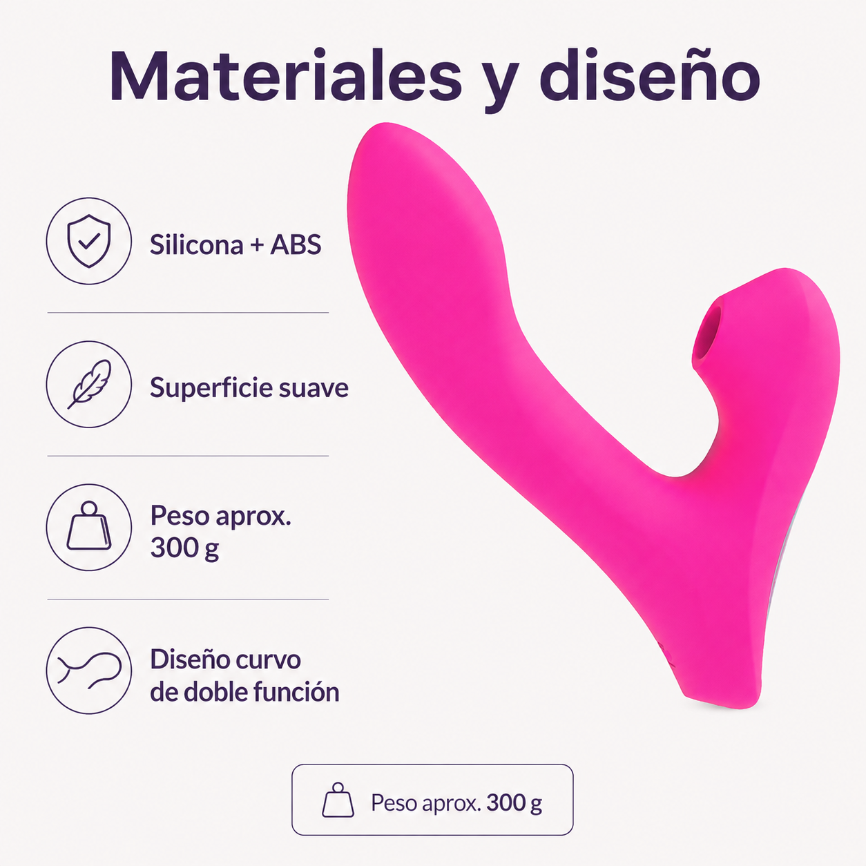 Estimulador curvo de doble zona con succión y vibración: detalle del producto