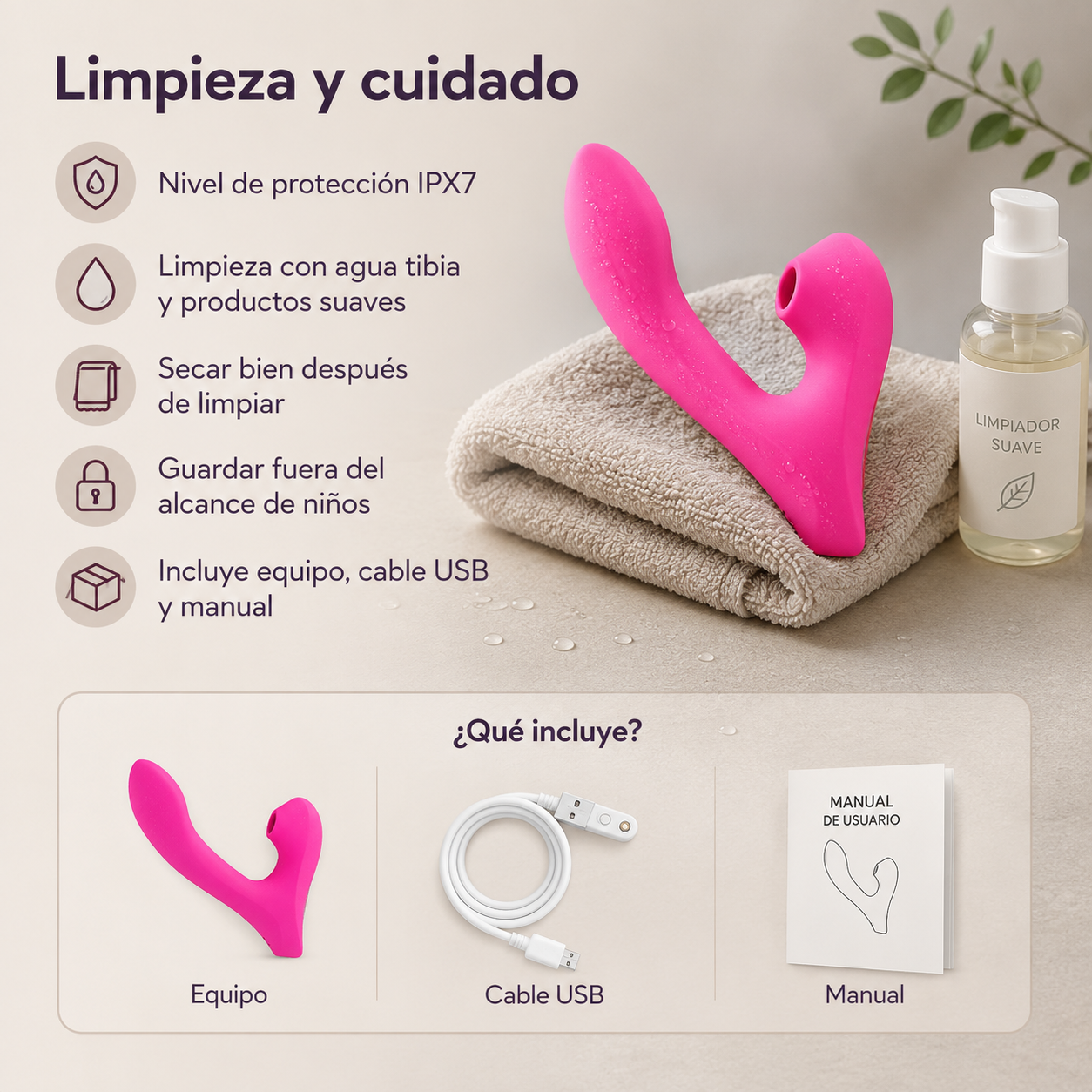 Estimulador curvo de doble zona con succión y vibración: detalle del producto