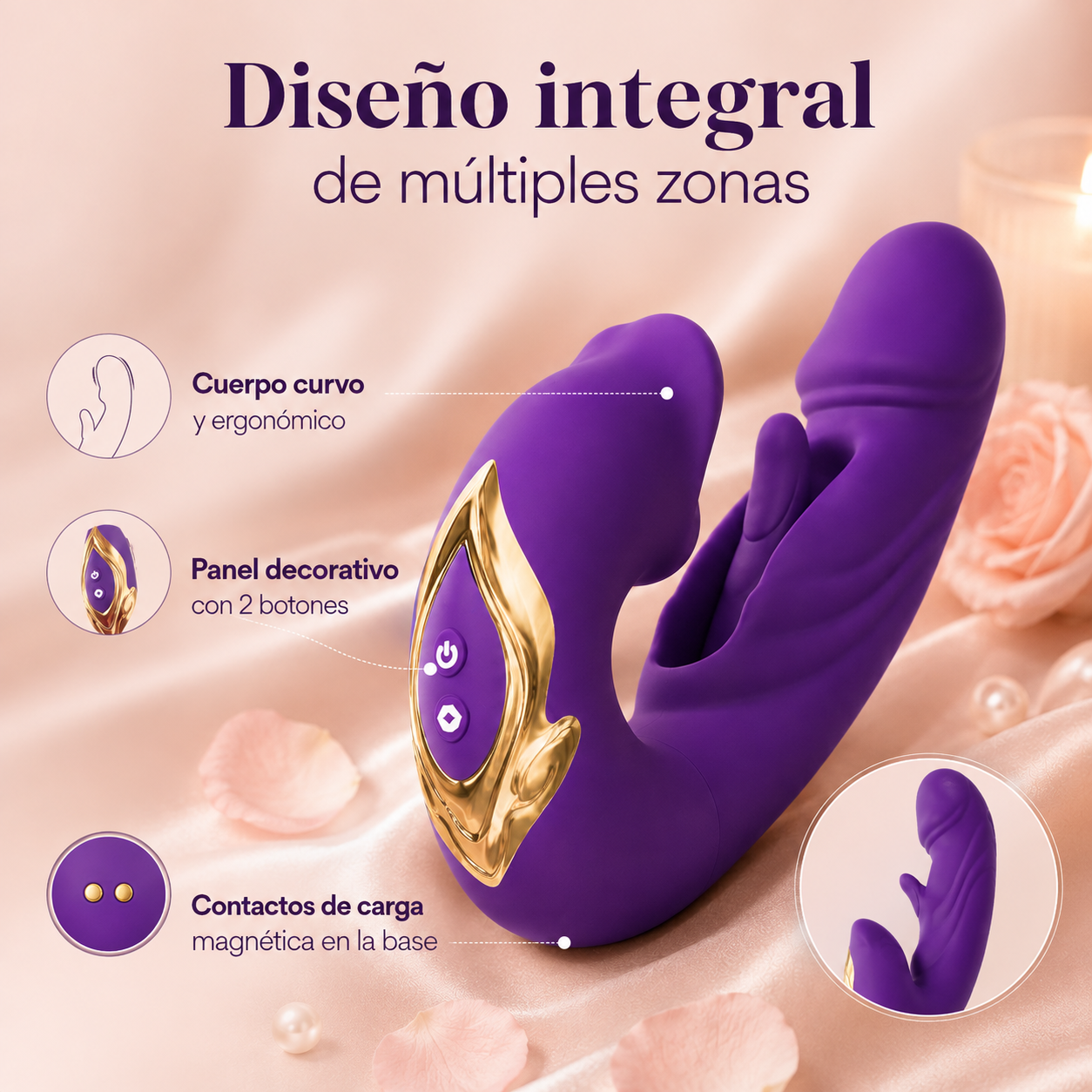 Estimulador curvo multifunción con vibración y aleteo: detalle del producto
