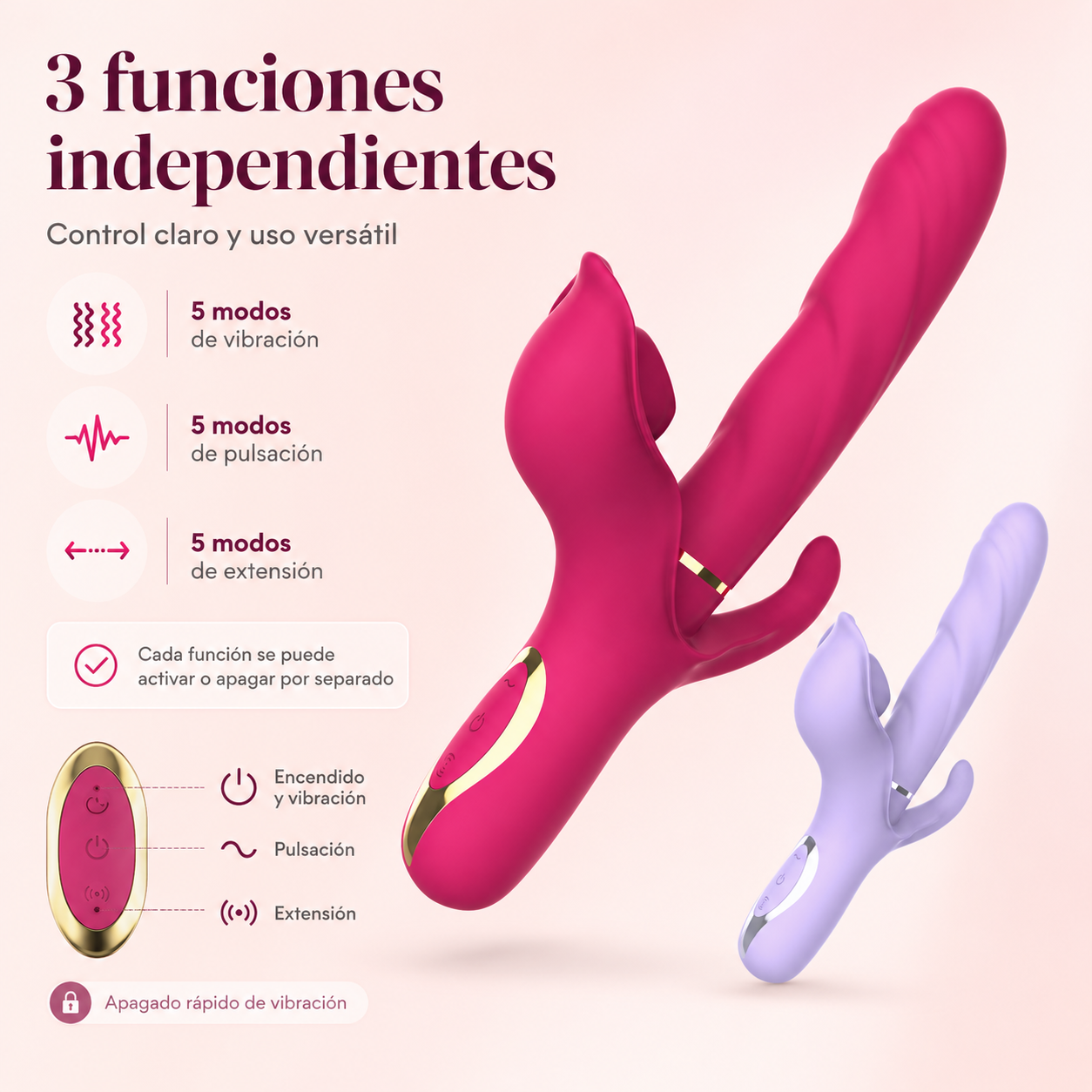 Estimulador dual con vibración, succión/pulsación y movimiento extensible: detalle del producto