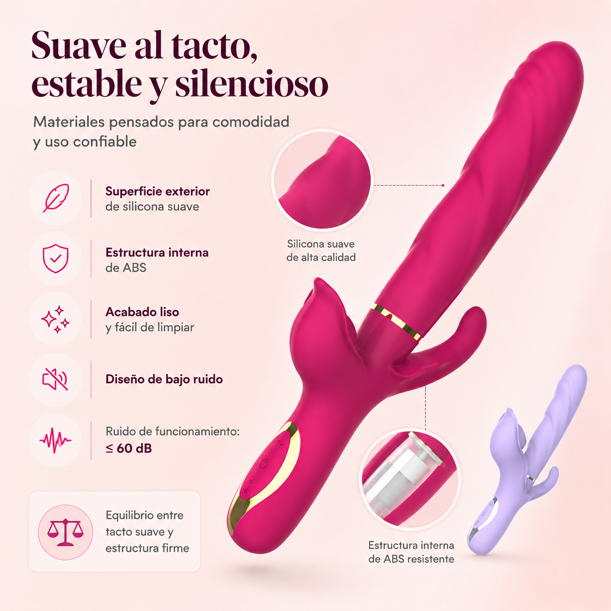 Estimulador dual con vibración, succión/pulsación y movimiento extensible: detalle del producto