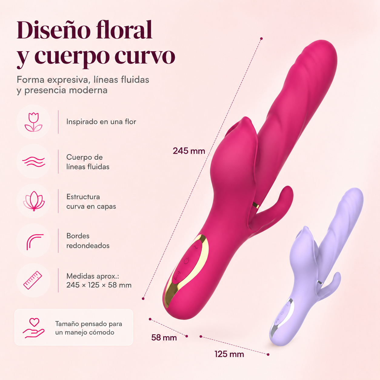 Estimulador dual con vibración, succión/pulsación y movimiento extensible: detalle del producto