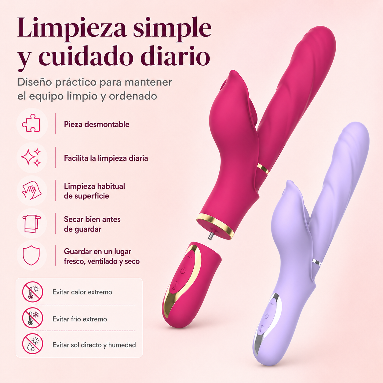Estimulador dual con vibración, succión/pulsación y movimiento extensible: detalle del producto