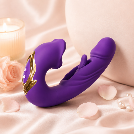 Estimulador curvo multifunción con vibración y aleteo en color Morado