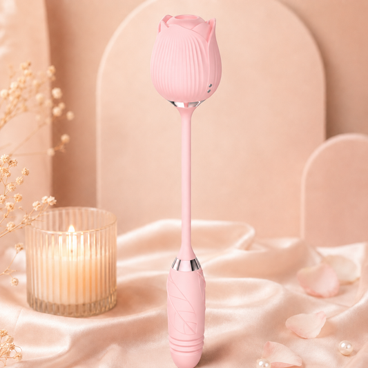 Vibrador doble con lengüeta y movimiento telescópico en color Rosa