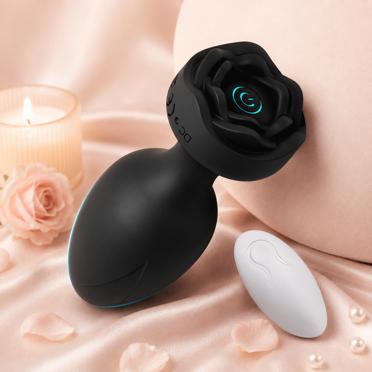 Plug anal vibrador con base de rosa y control remoto en color Negro