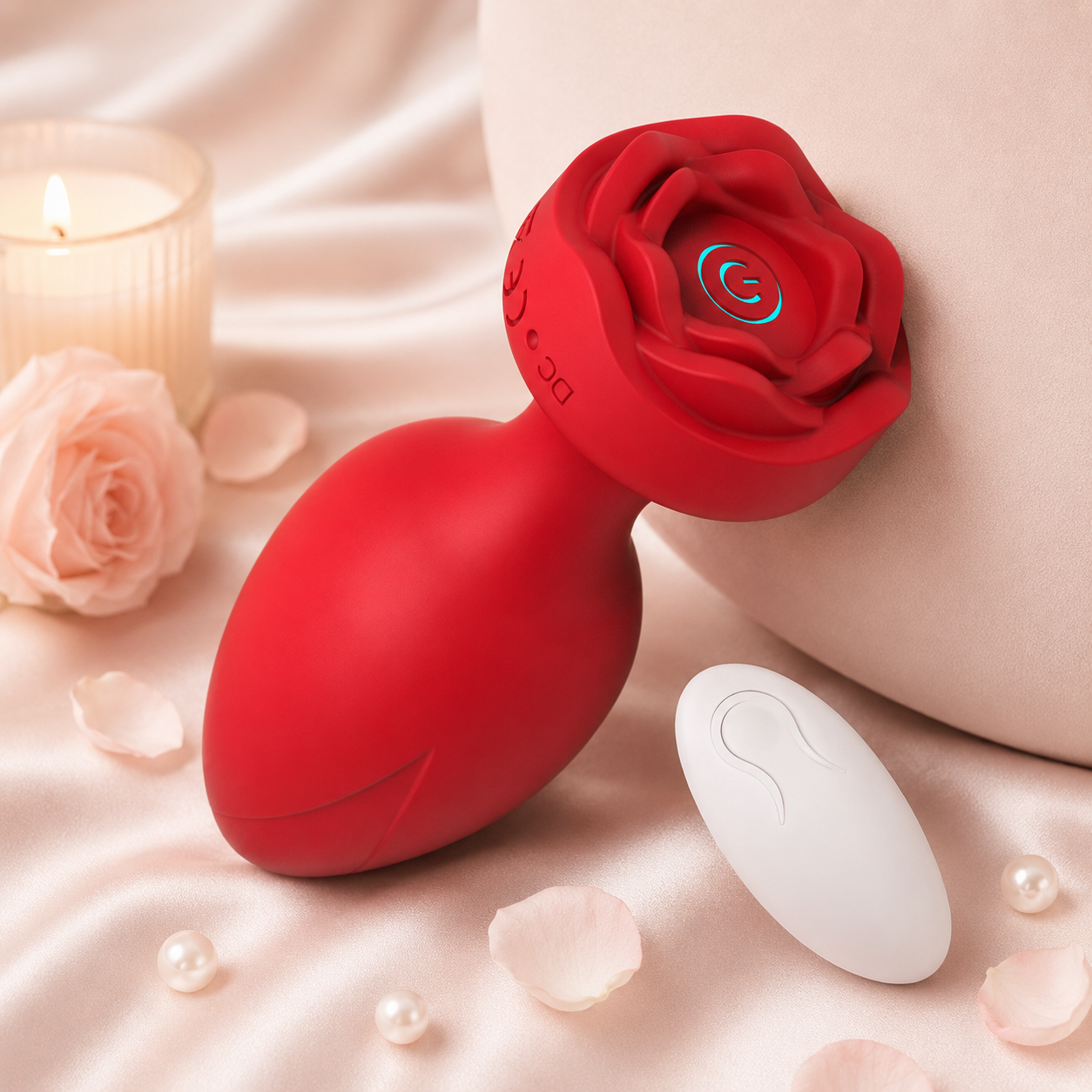 Plug anal vibrador con base de rosa y control remoto en color Rojo