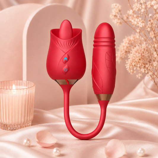 Vibrador telescópico con cabezal de rosa y doble función en color Rojo