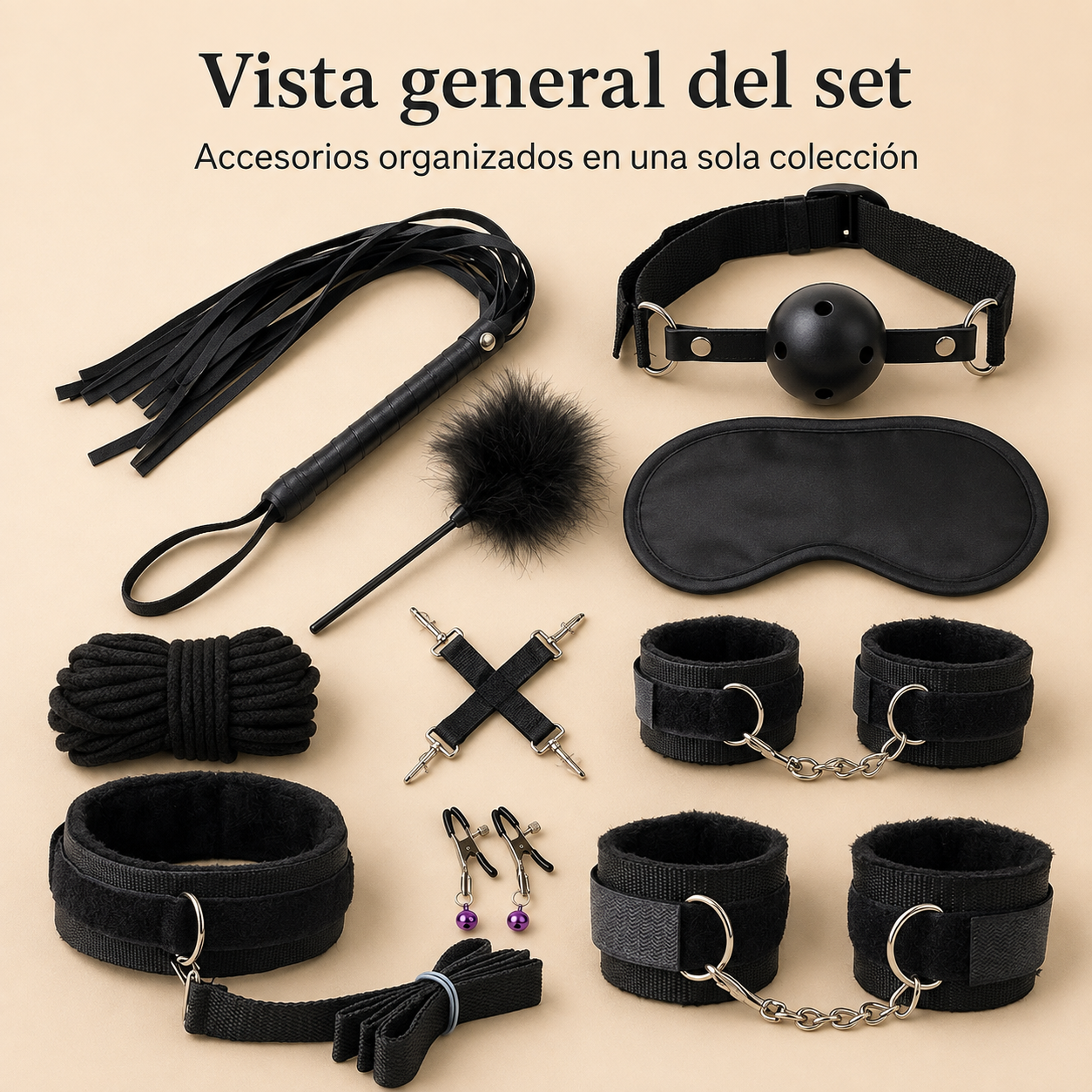 Set de bondage de 10 piezas con correas y accesorios en color Negro