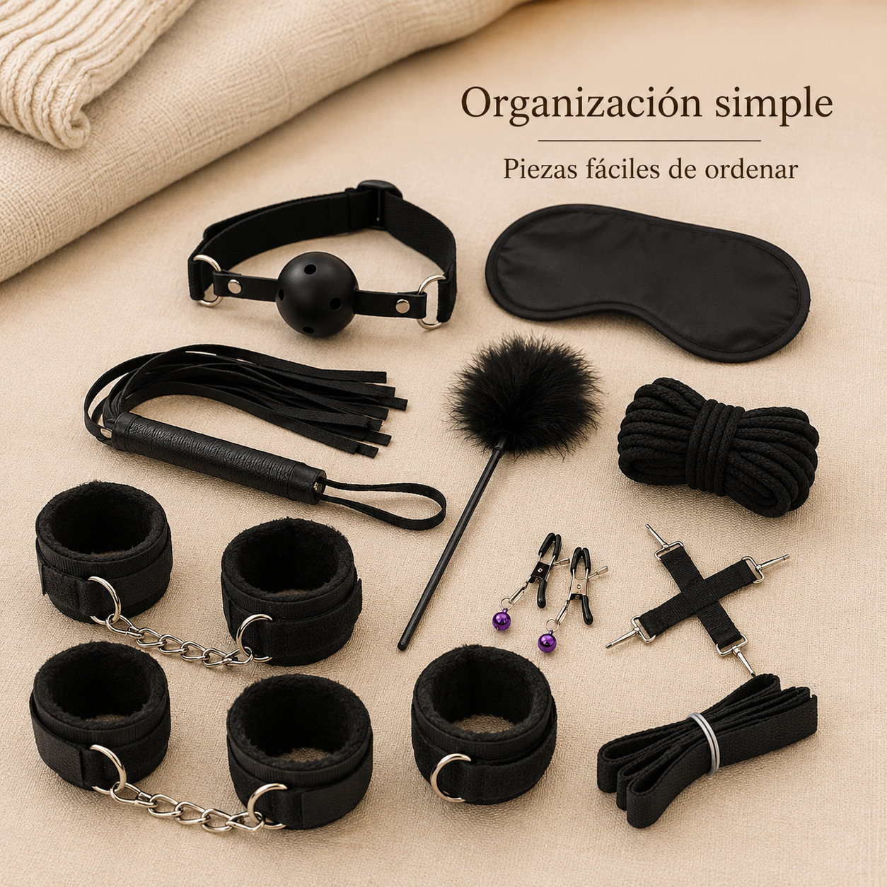 Set de bondage de 10 piezas con correas y accesorios en color Negro