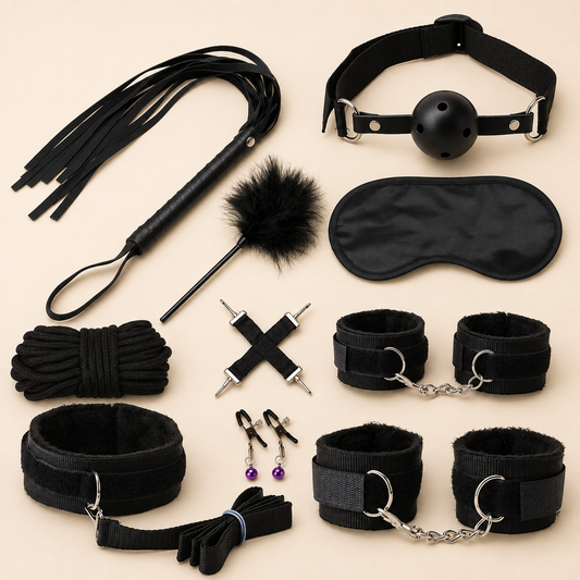 Set de bondage de 10 piezas con correas y accesorios en color Negro