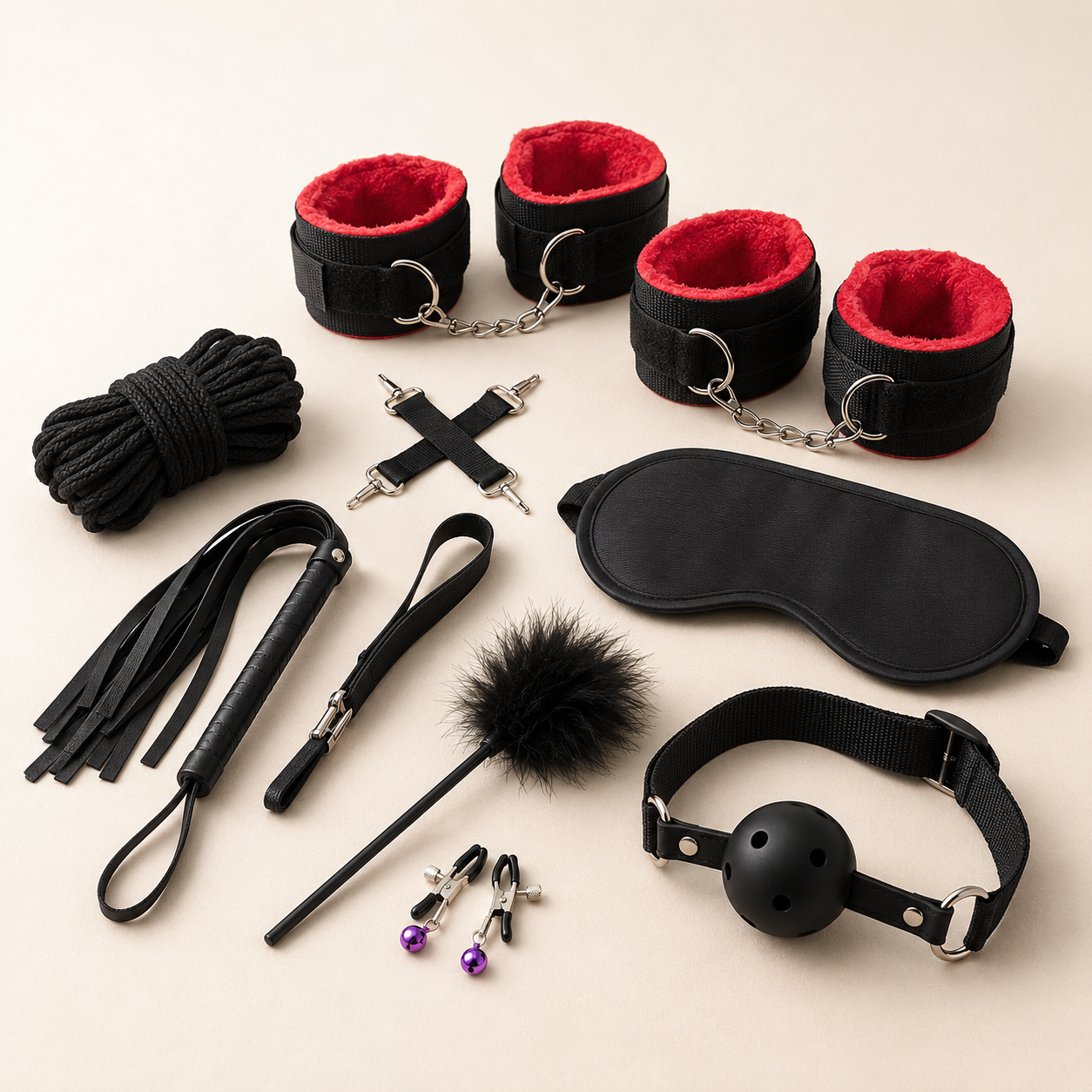 Set de bondage de 10 piezas con correas y accesorios en color Negro con rojo