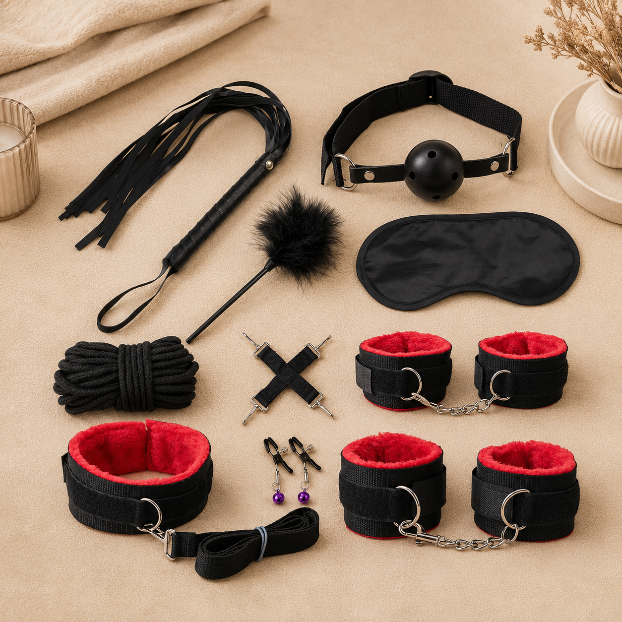 Set de bondage de 10 piezas con correas y accesorios en color Negro con rojo
