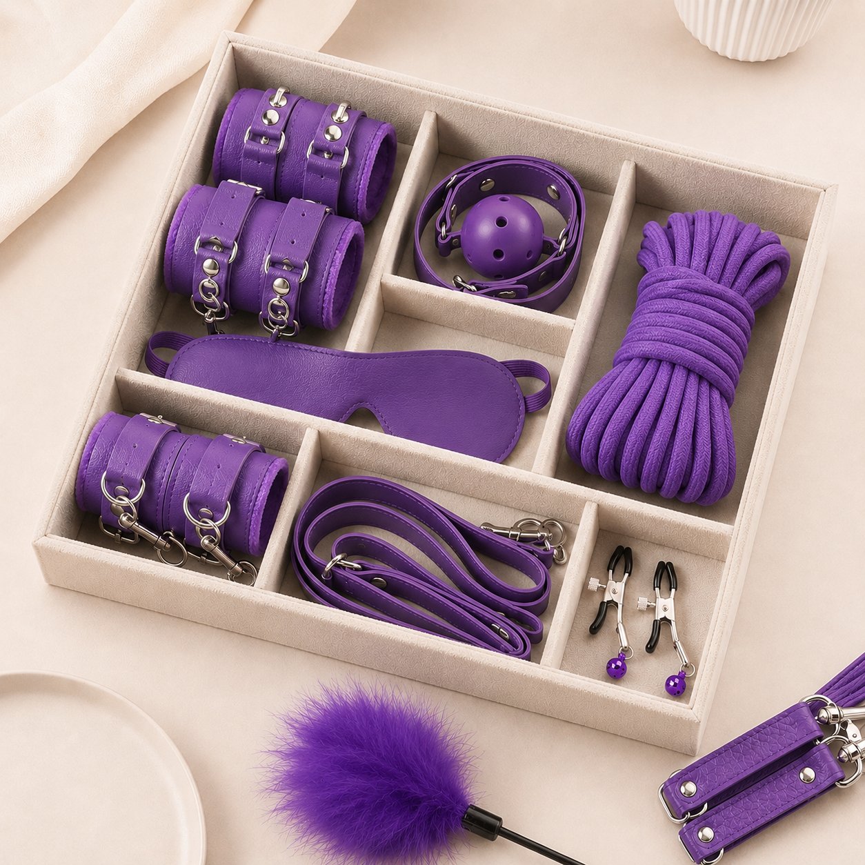 Set de bondage morado de 10 piezas con detalles de felpa en color Morado