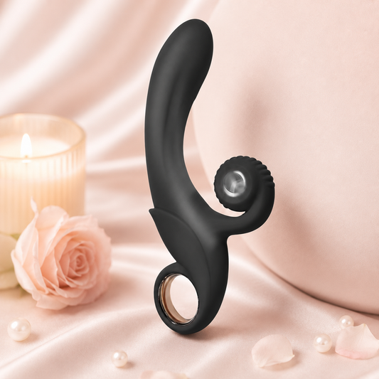 Vibrador curvo de doble estimulación con diseño espiral en color Negro