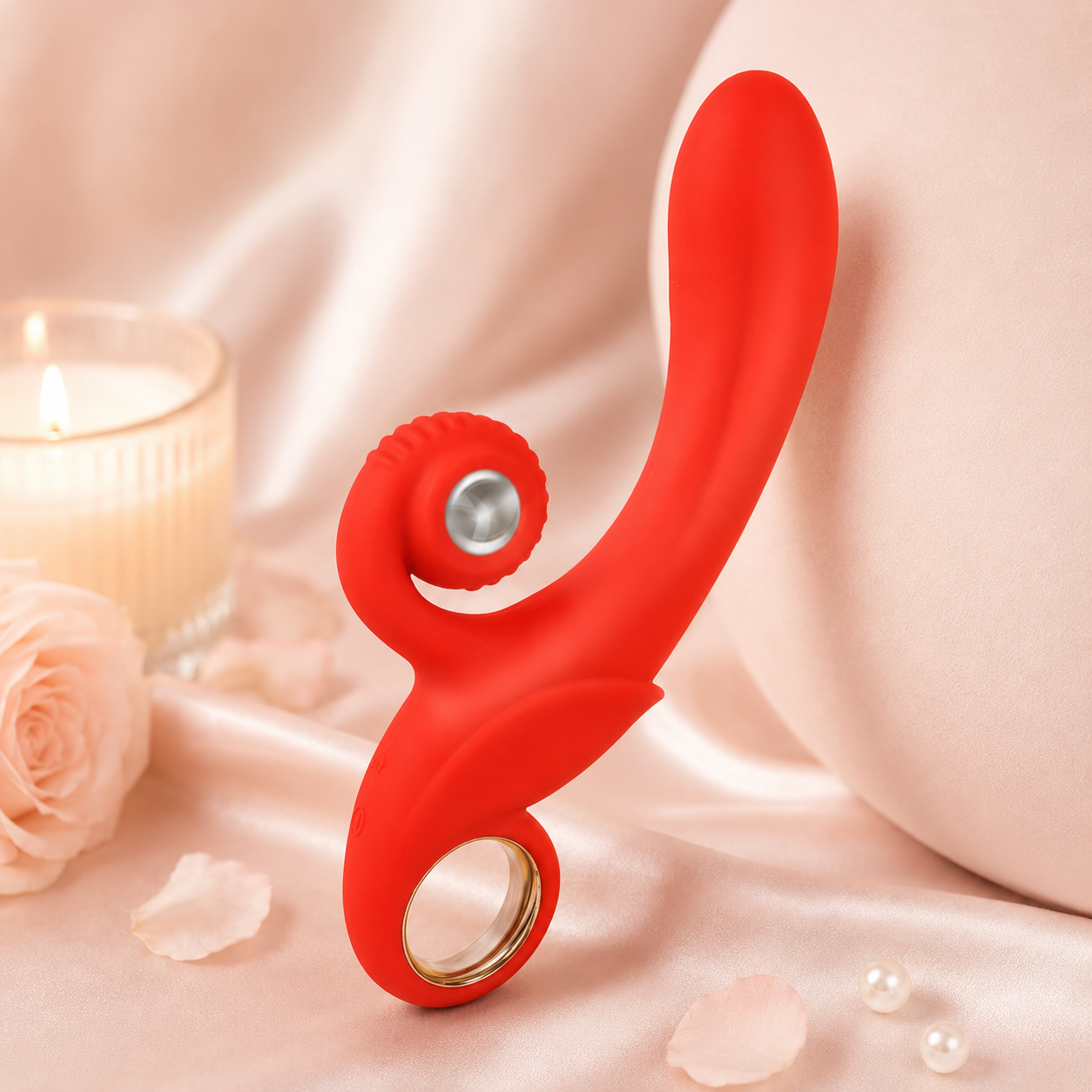 Vibrador curvo de doble estimulación con diseño espiral en color Rojo