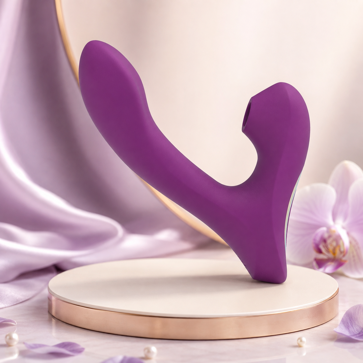 Estimulador curvo de doble zona con succión y vibración en color Morado