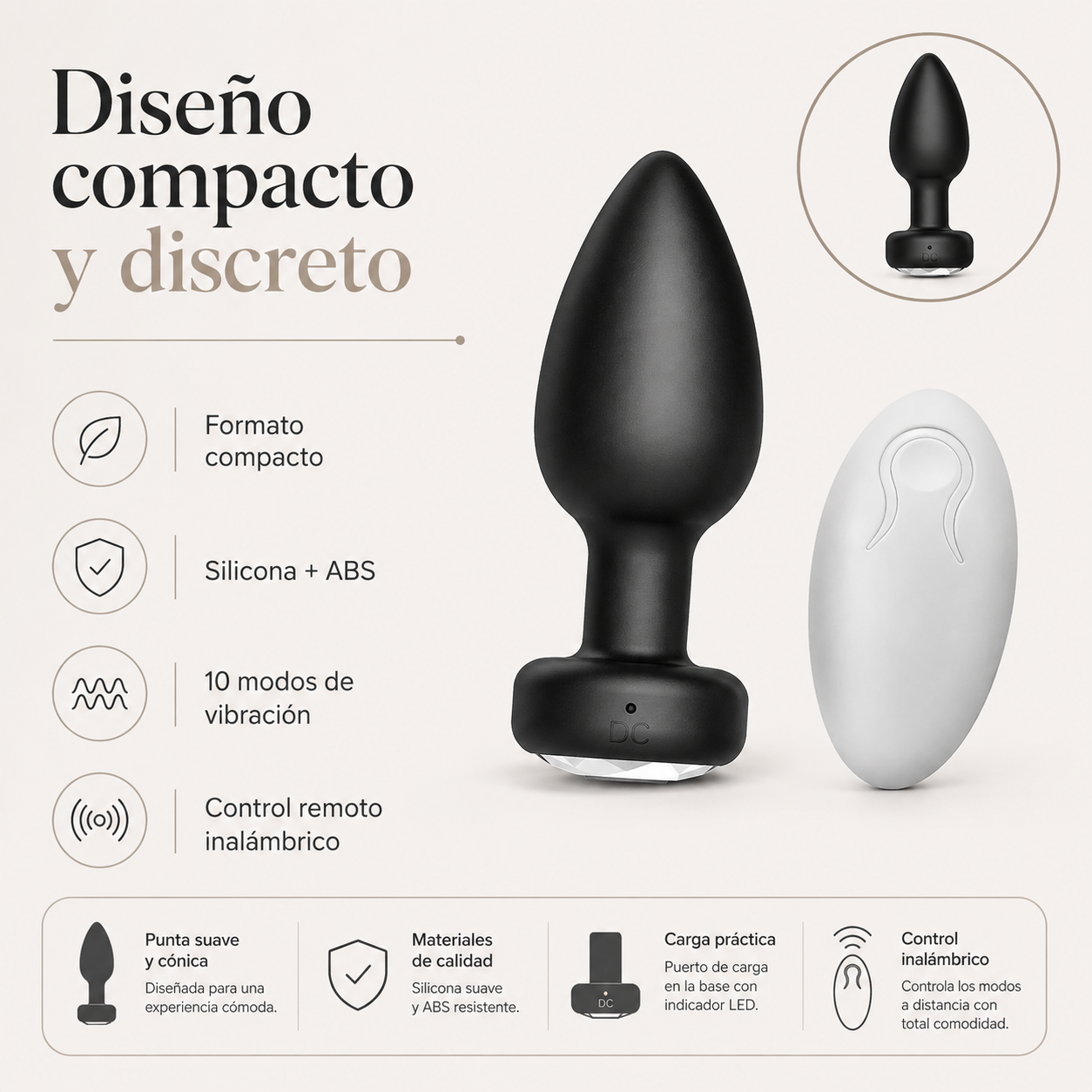 Plug anal vibrador compacto con control remoto: detalle del producto