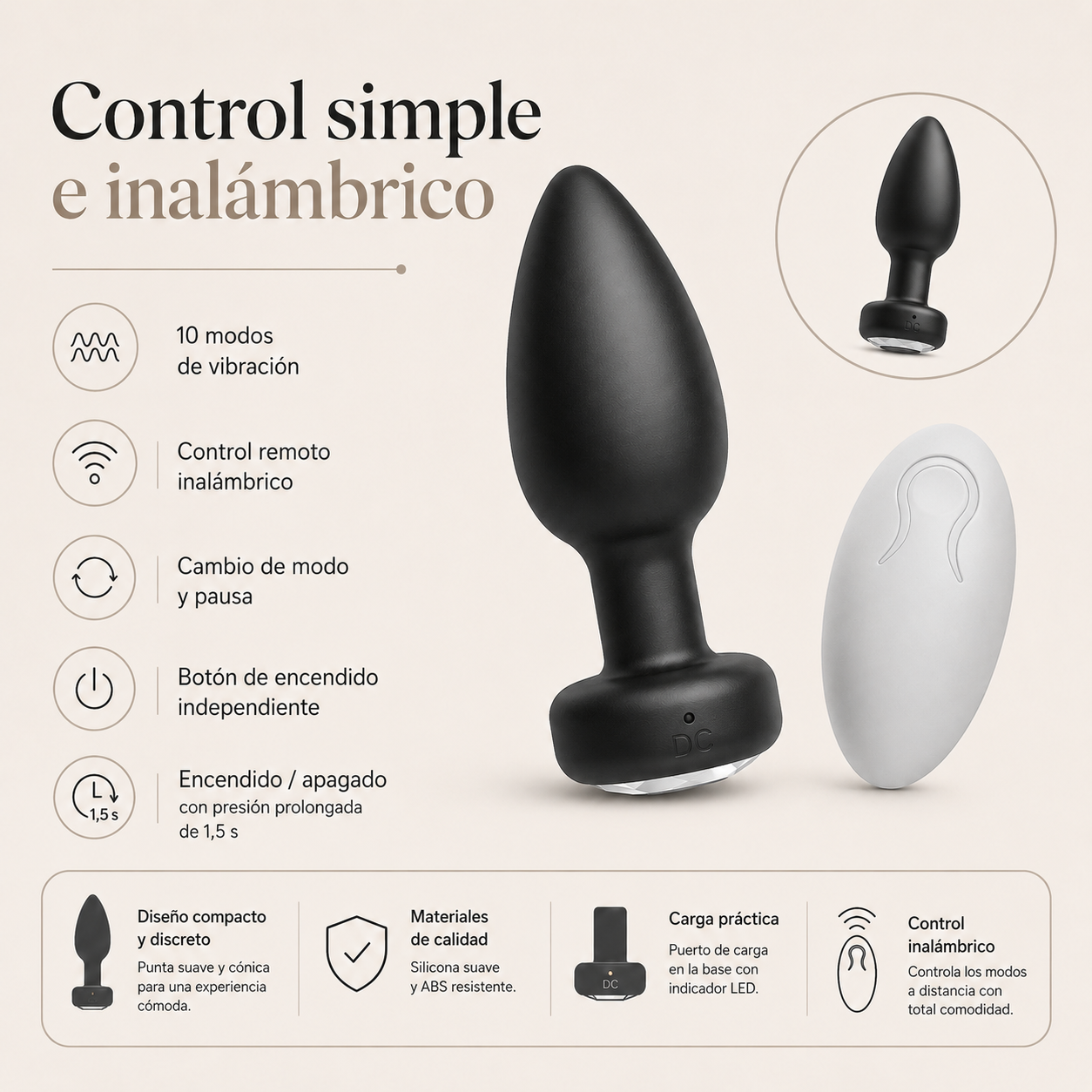 Plug anal vibrador compacto con control remoto: detalle del producto