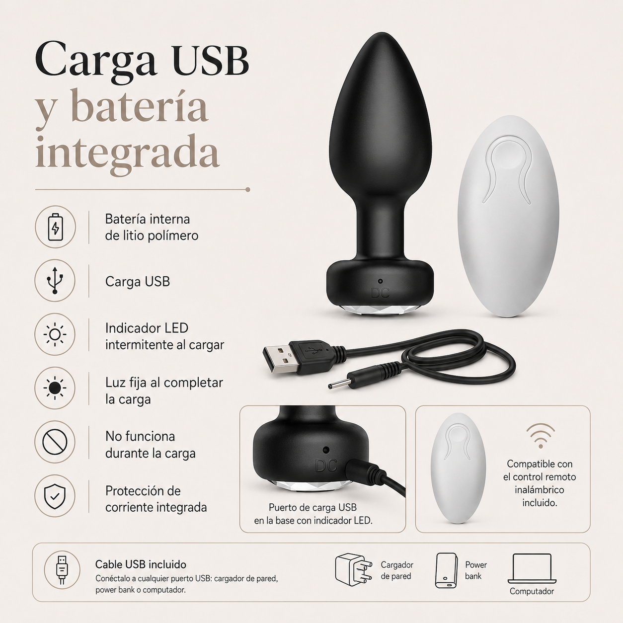 Plug anal vibrador compacto con control remoto: detalle del producto