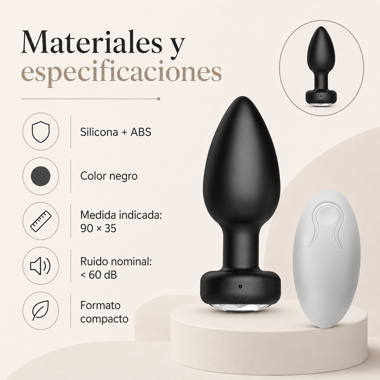 Plug anal vibrador compacto con control remoto: detalle del producto