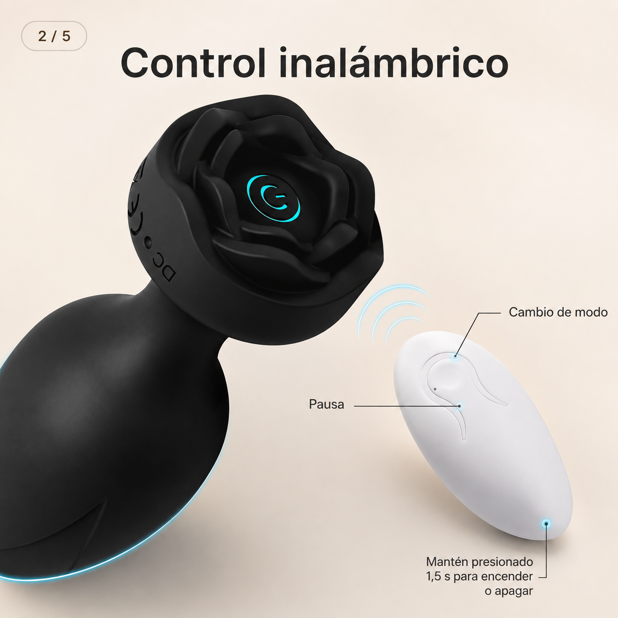 Plug anal vibrador con base de rosa y control remoto: detalle del producto