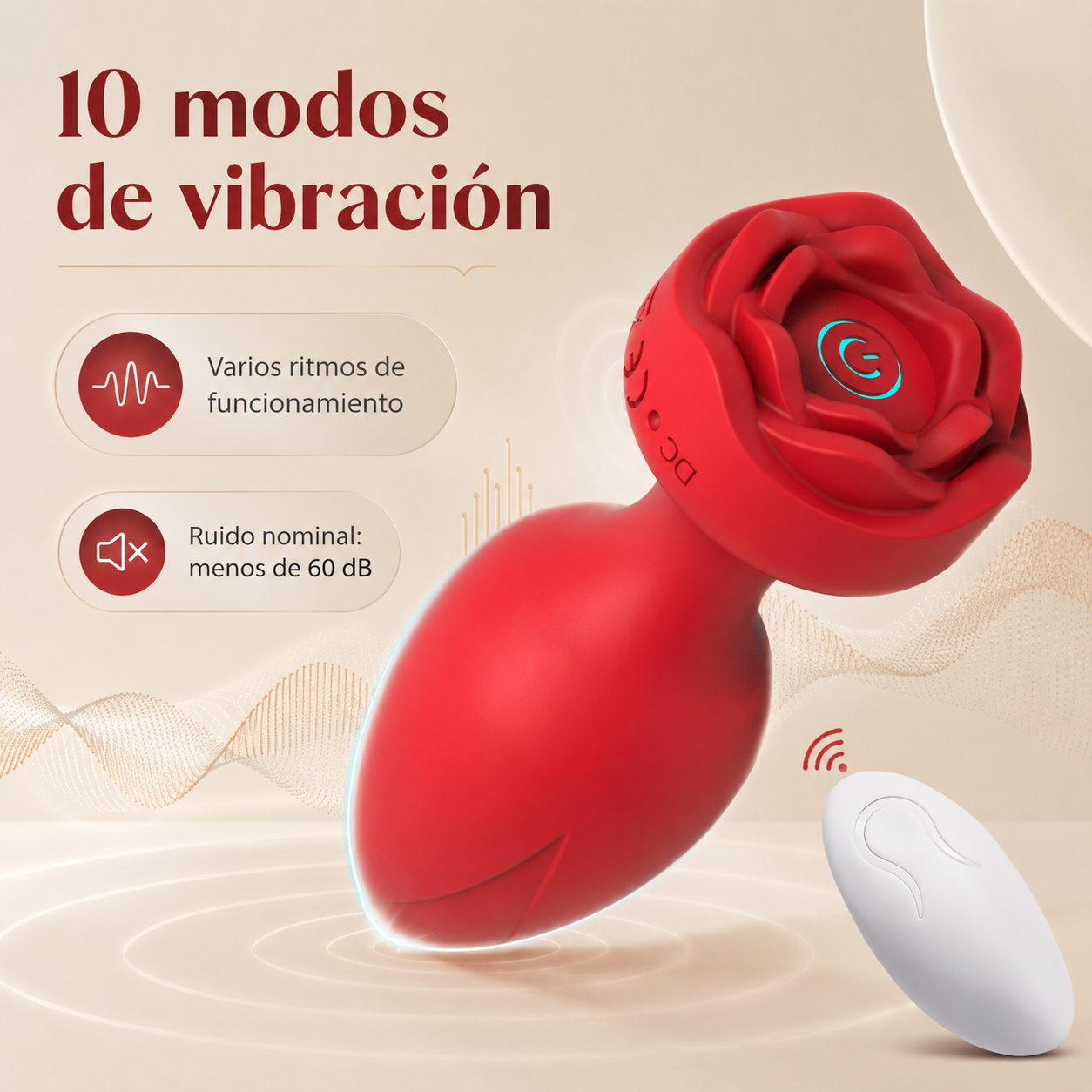 Plug anal vibrador con base de rosa y control remoto: detalle del producto