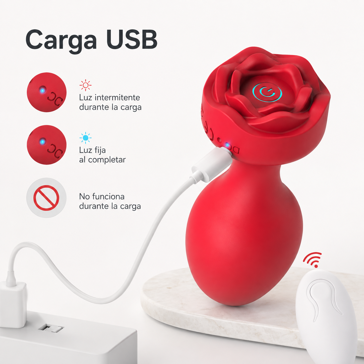 Plug anal vibrador con base de rosa y control remoto: detalle del producto