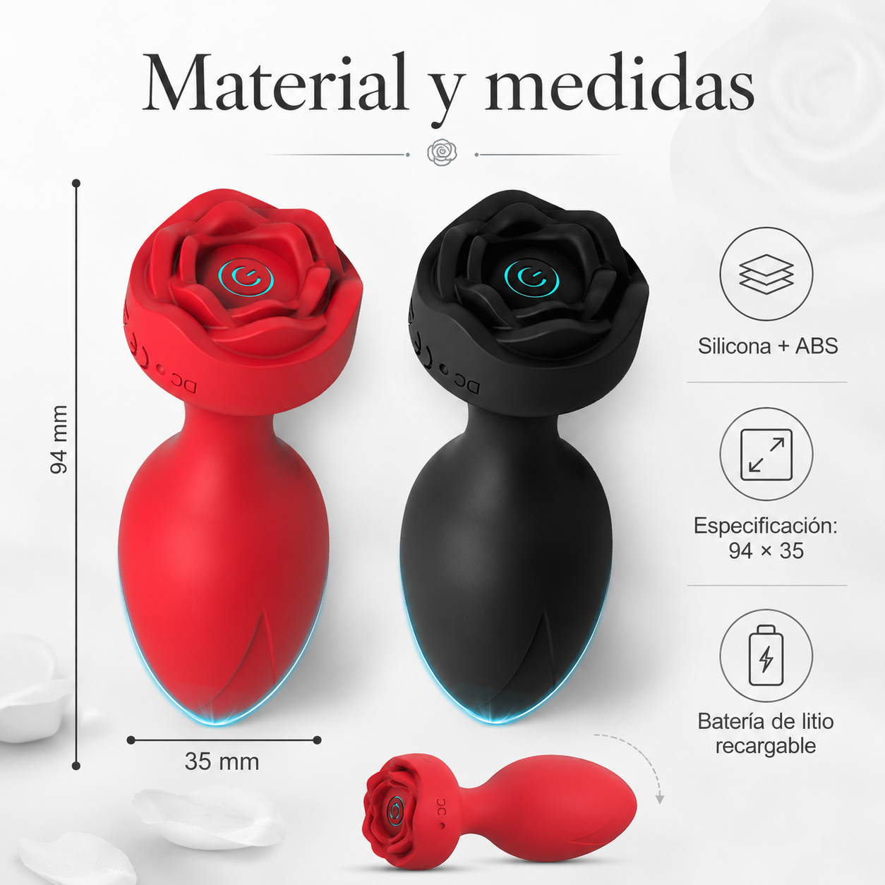 Plug anal vibrador con base de rosa y control remoto: detalle del producto