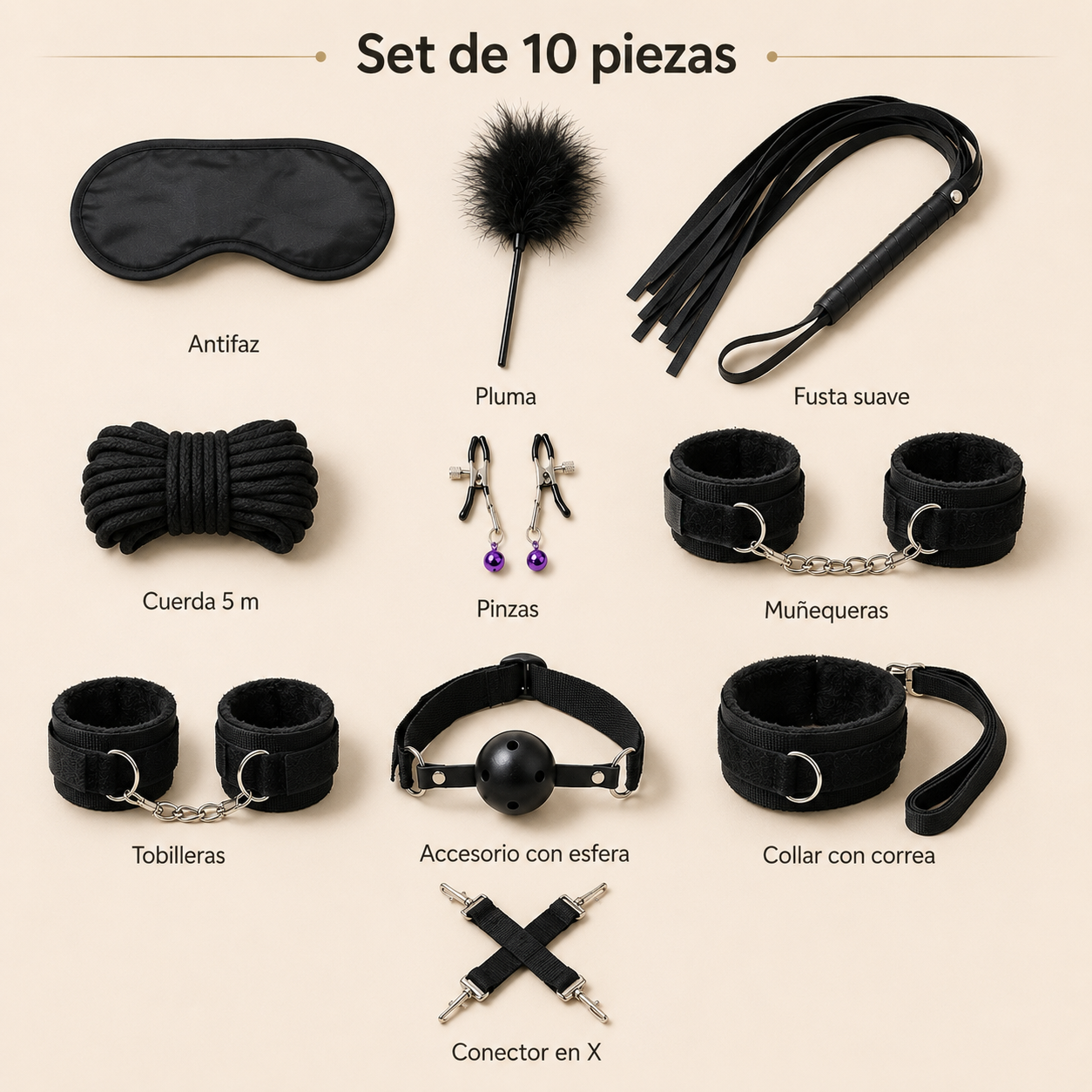 Set de bondage de 10 piezas con correas y accesorios: detalle del producto