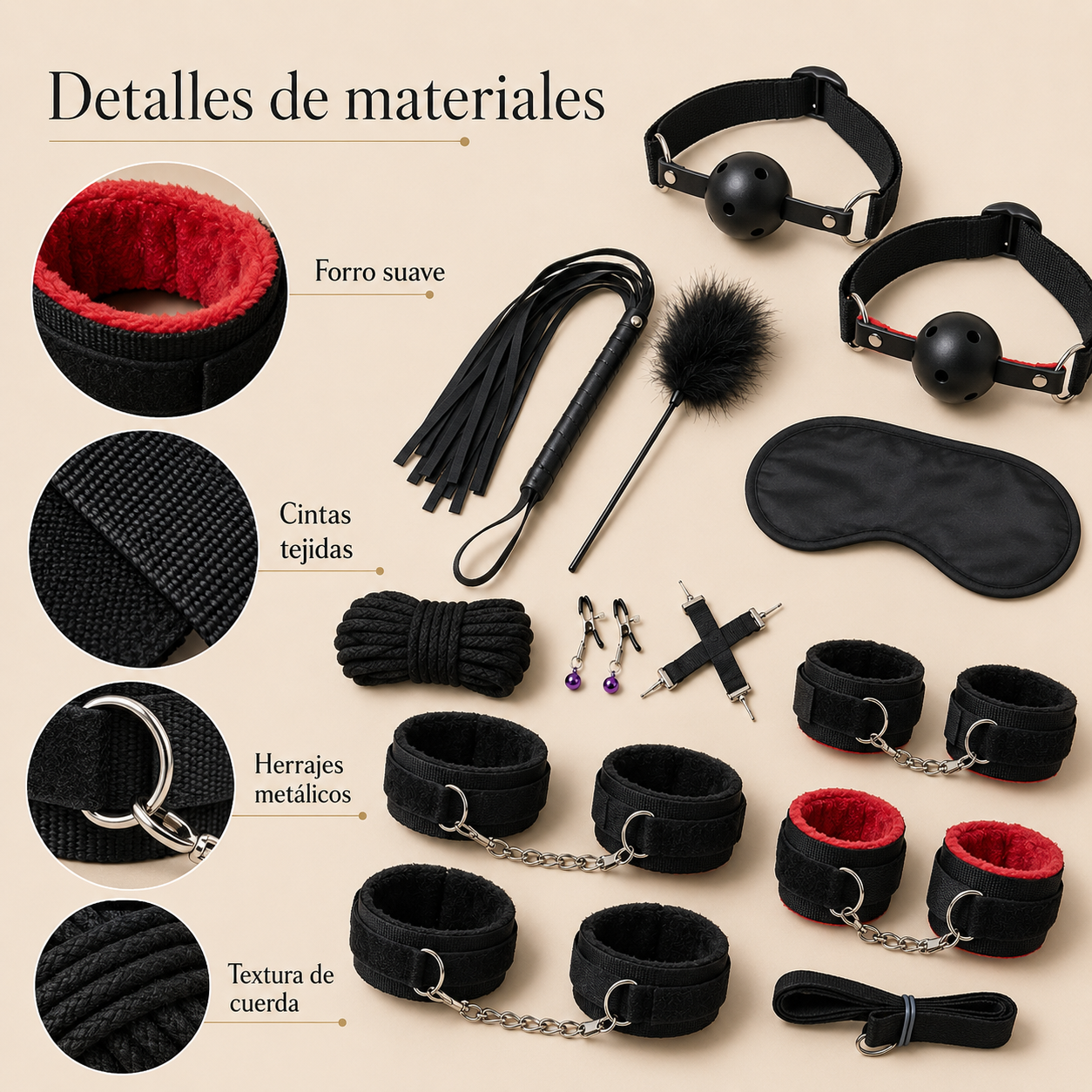 Set de bondage de 10 piezas con correas y accesorios: detalle del producto