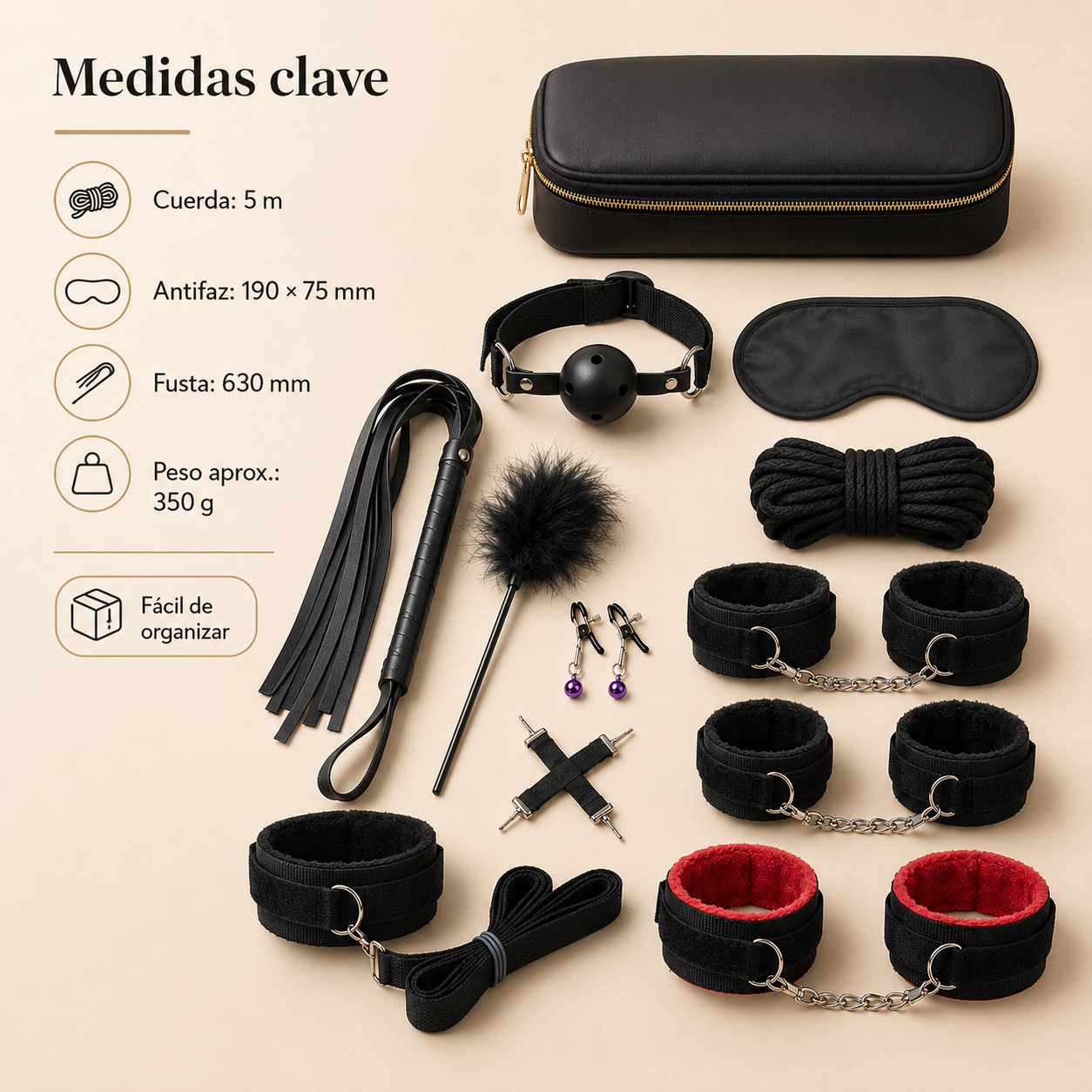 Set de bondage de 10 piezas con correas y accesorios: detalle del producto