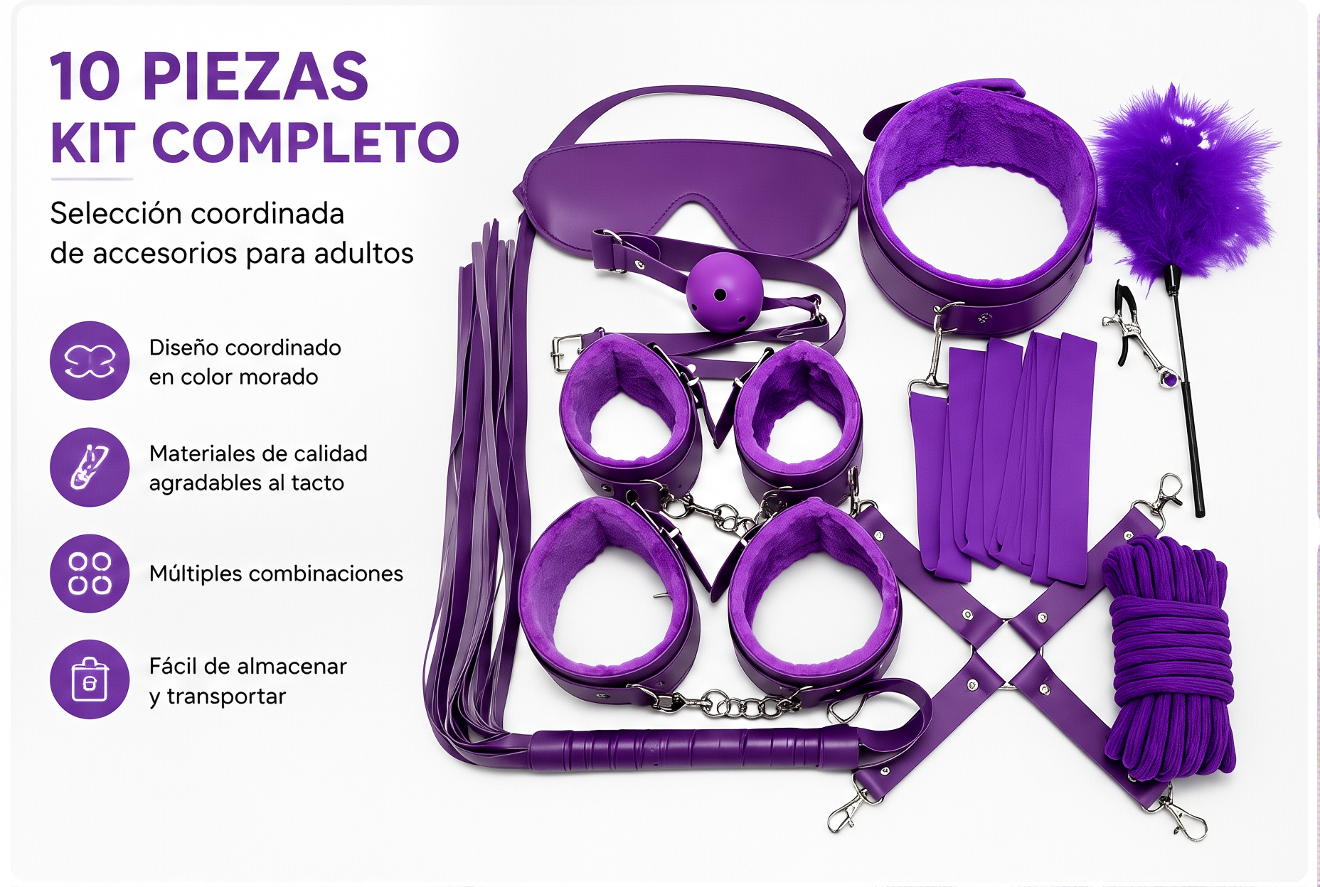 Set de bondage morado de 10 piezas con detalles de felpa: detalle del producto