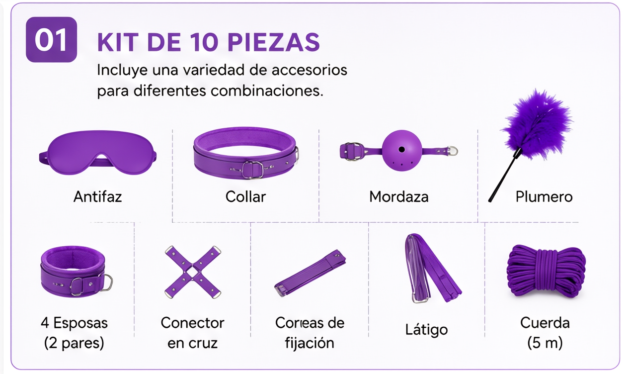 Set de bondage morado de 10 piezas con detalles de felpa: detalle del producto