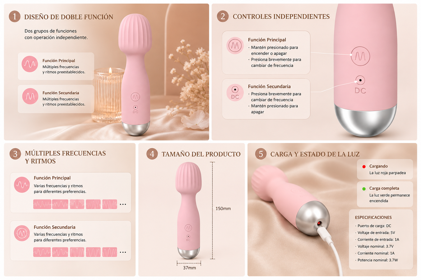 Vibrador compacto recargable con cabezal acanalado y 10 modos: detalle del producto