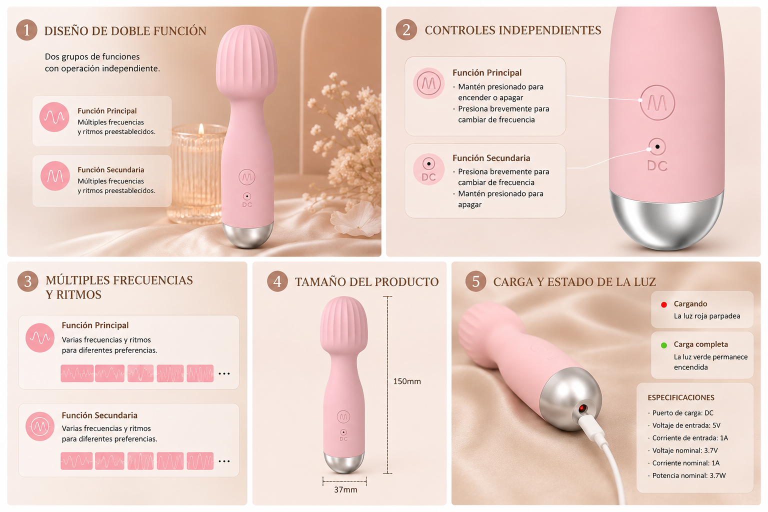 Vibrador compacto recargable con cabezal acanalado y 10 modos: detalle del producto