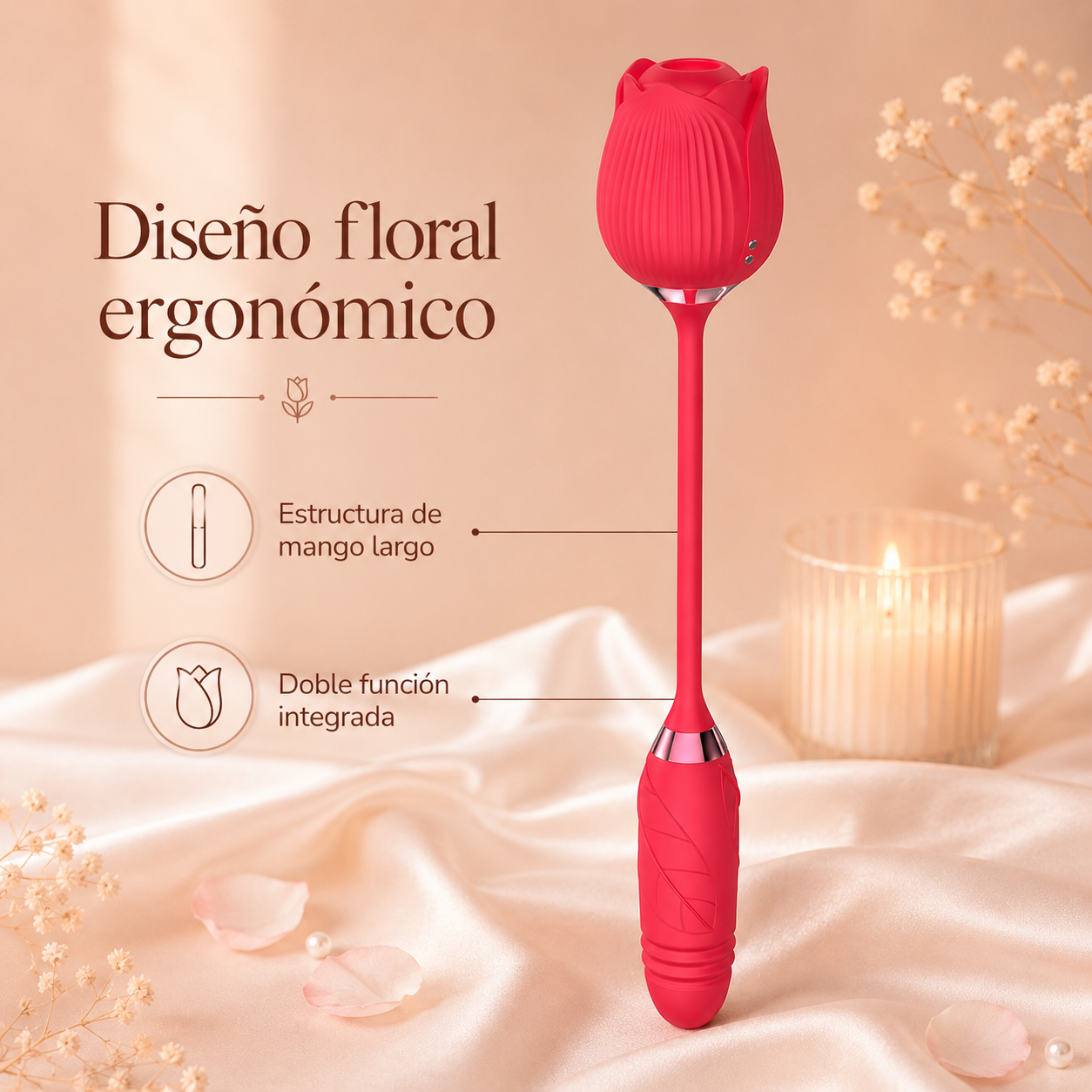 Vibrador telescópico con cabezal de rosa y doble función: detalle del producto
