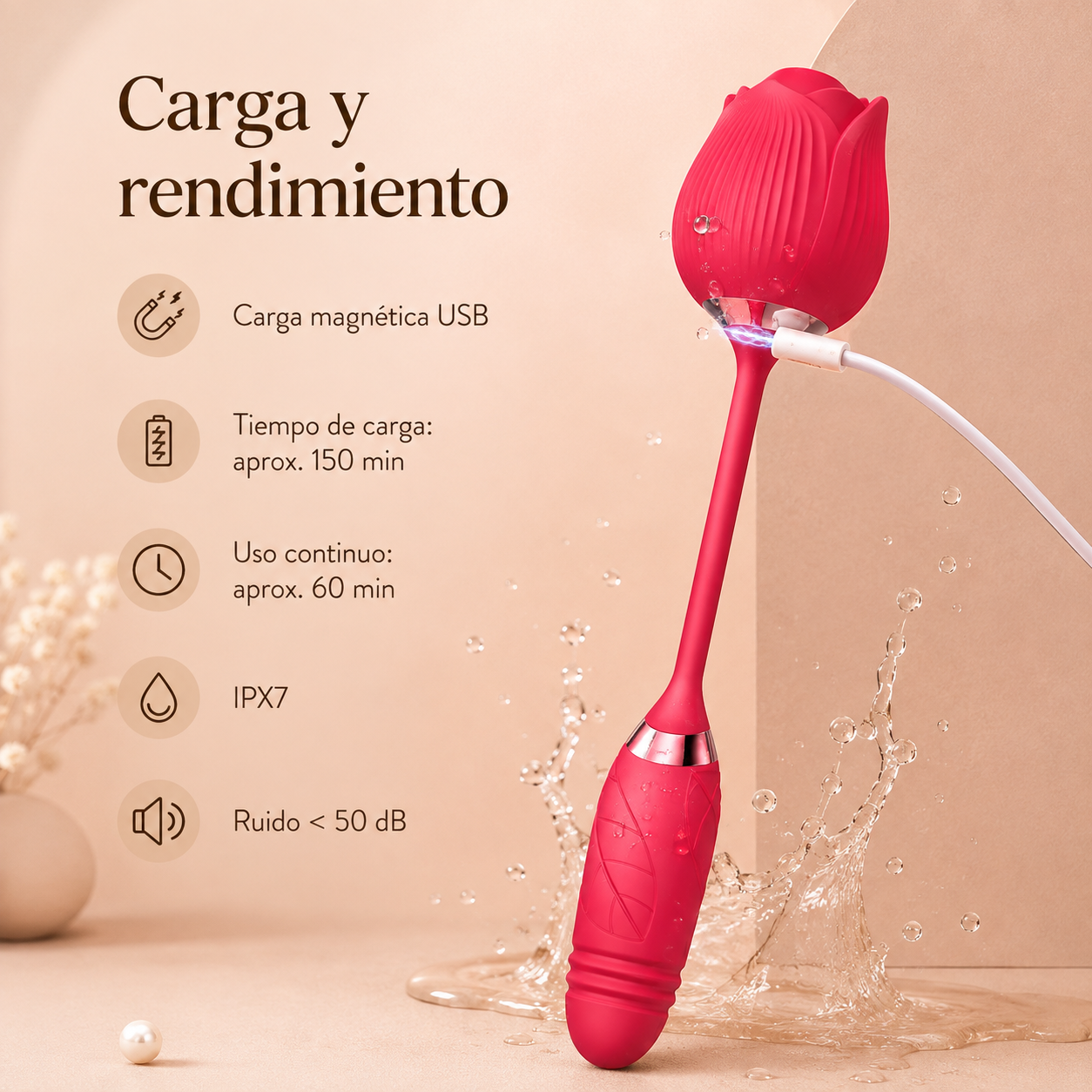 Vibrador telescópico con cabezal de rosa y doble función: detalle del producto