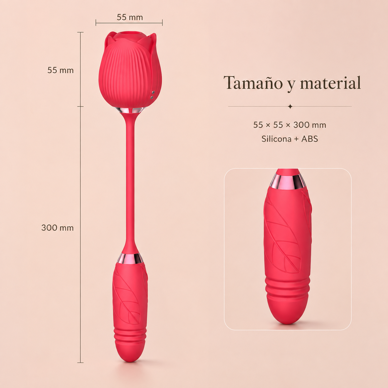 Vibrador telescópico con cabezal de rosa y doble función: detalle del producto