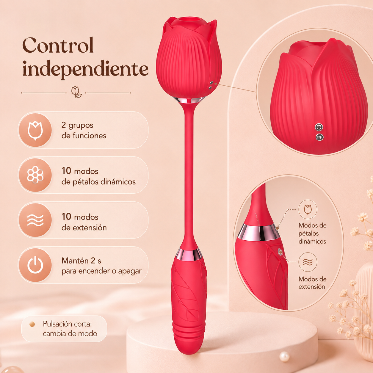 Vibrador telescópico con cabezal de rosa y doble función: detalle del producto