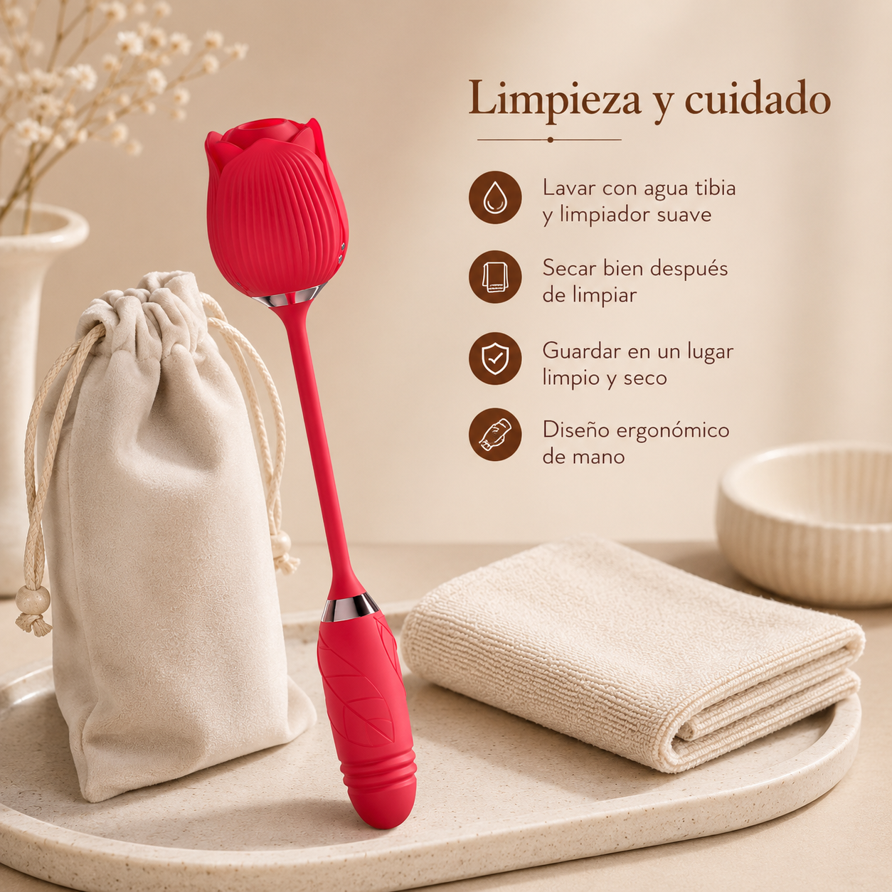 Vibrador telescópico con cabezal de rosa y doble función: detalle del producto